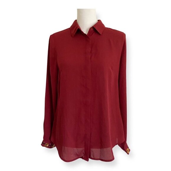 NY Collection Women’s Maroon Embroidered Button Down Top/Shirt. Medium. - Picture 4 of 12